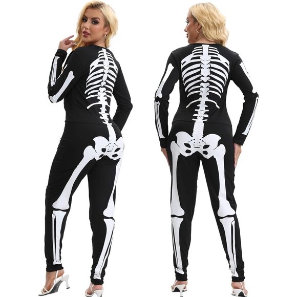 Women's White Skeleton Form Fitting & Flattering Double Sided Skeleton Costume - Picture 4 of 7